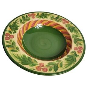 Christmas Memories Pasta‎ Soup Bowl Signed Pittman Green Yellow 10" Colorful